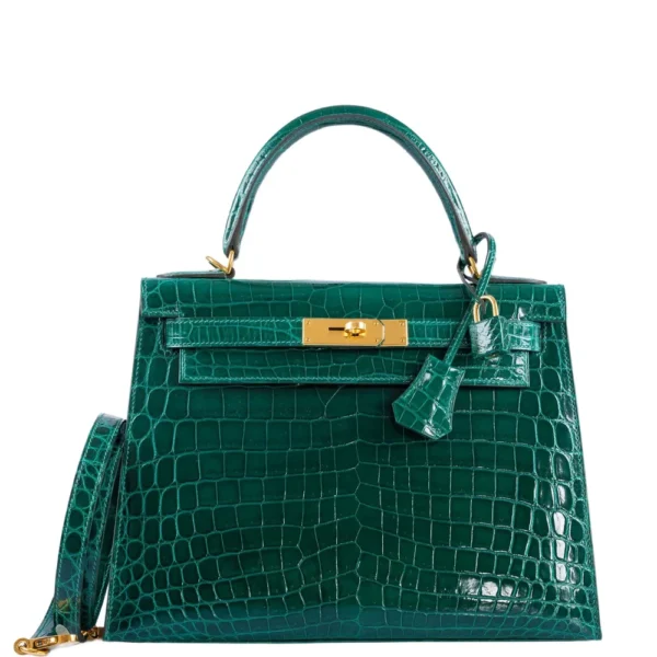High-End-Hermès-Inspired Kelly 28 Emerald Shiny Niloticus Crocodile GHW - Exotic Creations