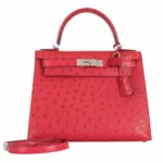 High-End-Hermès-Inspired Kelly 28 Ostrich Rouge Vif PHW - Exotic Creations