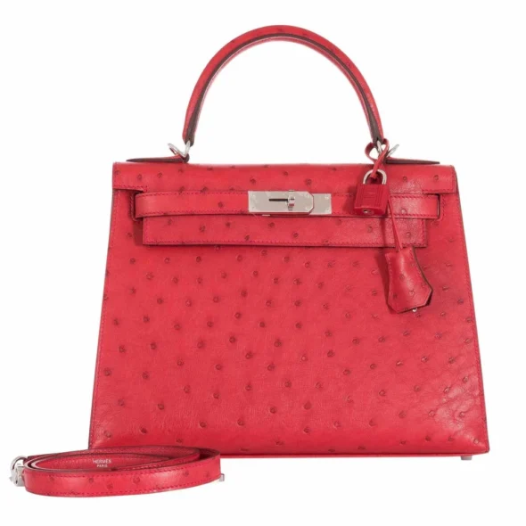 High-End-Hermès-Inspired Kelly 28 Ostrich Rouge Vif PHW - Exotic Creations