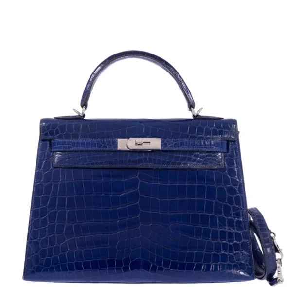 High-End-Hermès-Inspired Kelly 32 Blue Electric Shiny Porosus Crocodile PHW - Exotic Creations