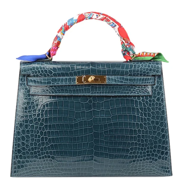 High-End-Hermès-Inspired Kelly 32 Porosus Crocodile Kelly 32 Blue Roi PHW - Exotic Creations
