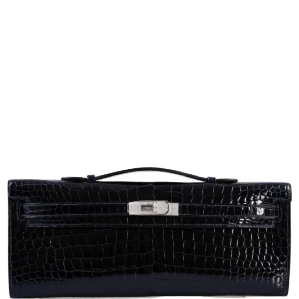 High-End-Hermès-Inspired Kelly Cut Blue Marine Porosus Crocodile Diamond & White GHW - Exotic Creations