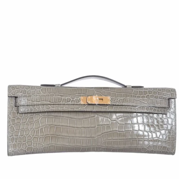 High-End-Hermès-Inspired Kelly Cut Gris Tourterelle Porosus Crocodile GHW - Exotic Creations