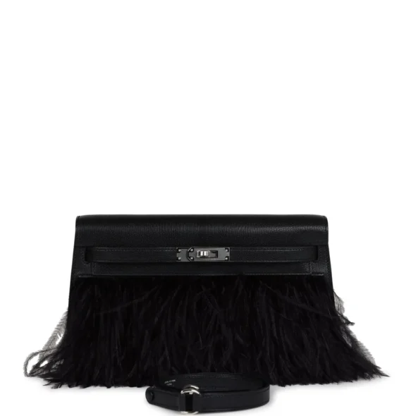 High-End-Hermès-Inspired Kelly Elan Foile Black Chevre Chamkila & Ostrich Feather PHW - Exotic Creations