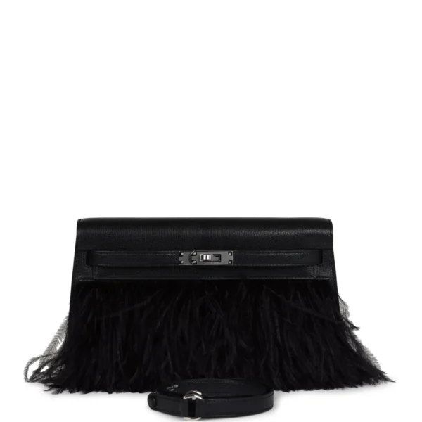 High-End-Hermès-Inspired Kelly Elan Foile Black Chevre Chamkila & Ostrich Feather PHW - Exotic Creations