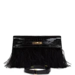 High-End-Hermès-Inspired Kelly Elan Foile Black Shiny Porosus Crocodile & Ostrich Feather GHW – Exotic Creations
