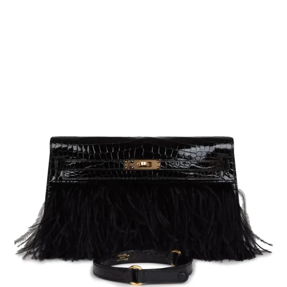 High-End-Hermès-Inspired Kelly Elan Foile Black Shiny Porosus Crocodile & Ostrich Feather GHW – Exotic Creations