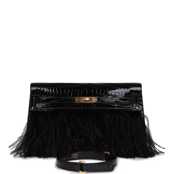 High-End-Hermès-Inspired Kelly Elan Foile Black Shiny Porosus Crocodile & Ostrich Feather GHW – Exotic Creations