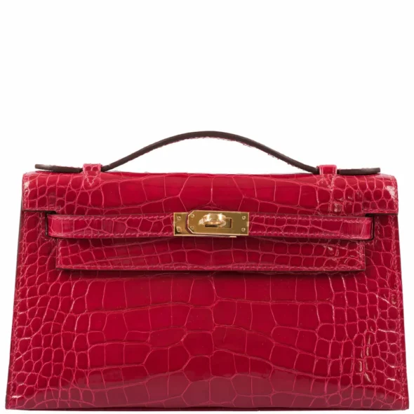 High-End-Hermès-Inspired Kelly Mini Pochette Braise Shiny Alligator GHW - Exotic Creations