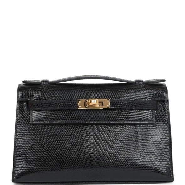 High-End-Hermès-Inspired Kelly Pochette Black Varanus Niloticus Lizard GHW - Exotic Creations