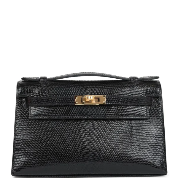 High-End-Hermès-Inspired Kelly Pochette Black Varanus Niloticus Lizard GHW - Exotic Creations