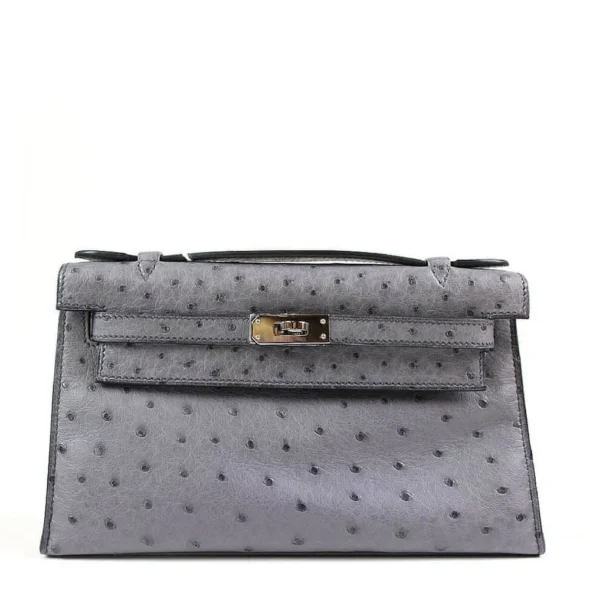 High-End-Hermès-Inspired Kelly Pochette Mini Bleu Glacier Ostrich PHW - Exotic Creations