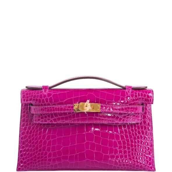 High-End-Hermès-Inspired Kelly Pochette Rose Scheherazade Shiny Alligator GHW - Exotic Creations