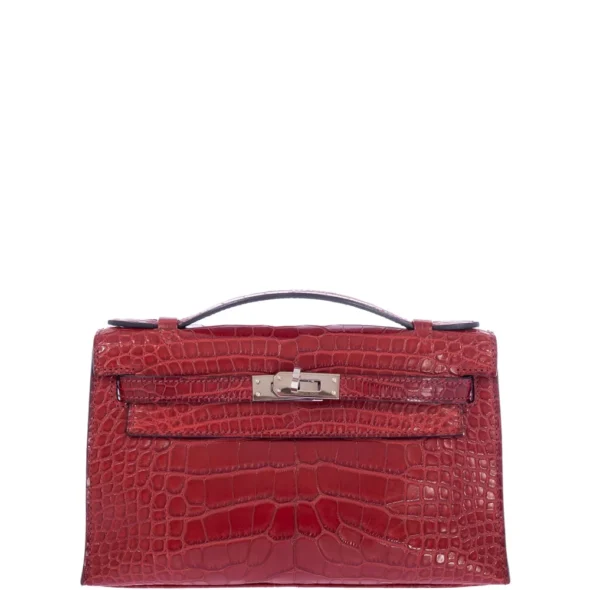 High-End-Hermès-Inspired Kelly Pochette Rouge H Matte Alligator PHW - Exotic Creations