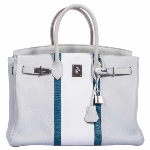 Luxury Hermès-Inspired Handbags Birkin 35 Club Gris Perle Mykonos Lizard White Clemence PHW - Exotic Creations