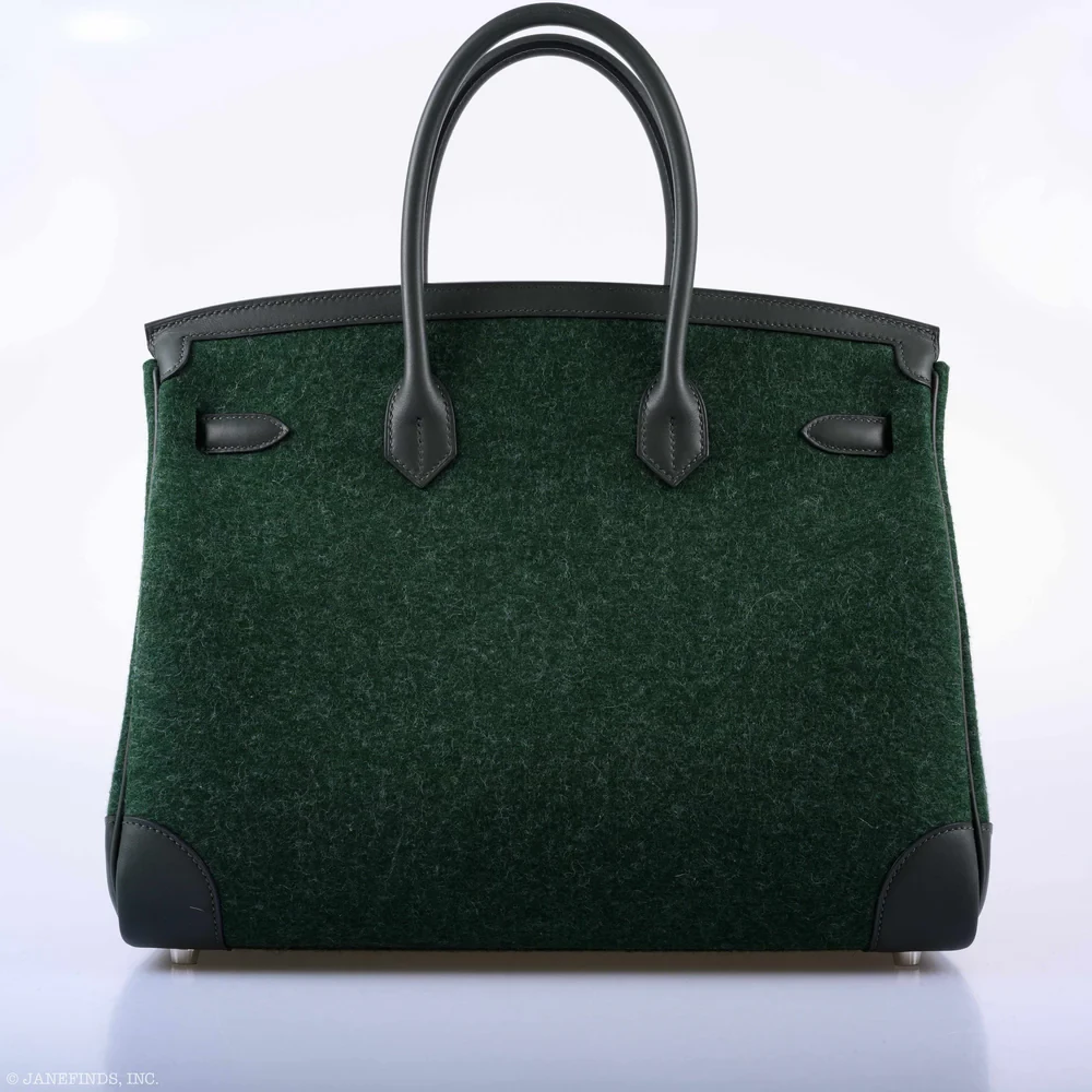 Luxury Hermès-Inspired Handbags Birkin 35 Vert Fonce Feutre Wool & Vert Anglais Swift PHW - Exotic Creations Back