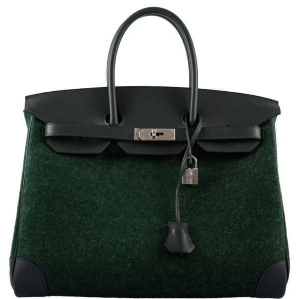 Luxury Hermès-Inspired Handbags Birkin 35 Vert Fonce Feutre Wool & Vert Anglais Swift PHW - Exotic Creations Front