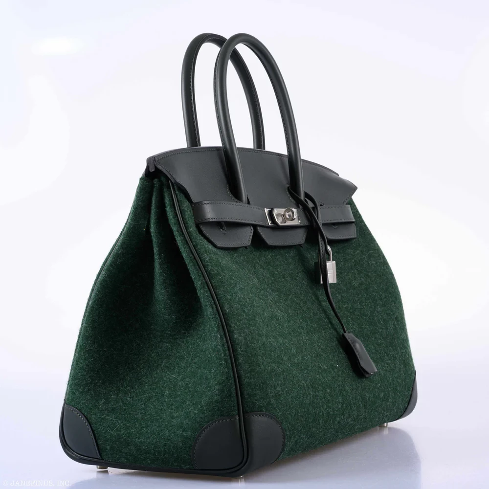 Luxury Hermès-Inspired Handbags Birkin 35 Vert Fonce Feutre Wool & Vert Anglais Swift PHW - Exotic Creations Side1