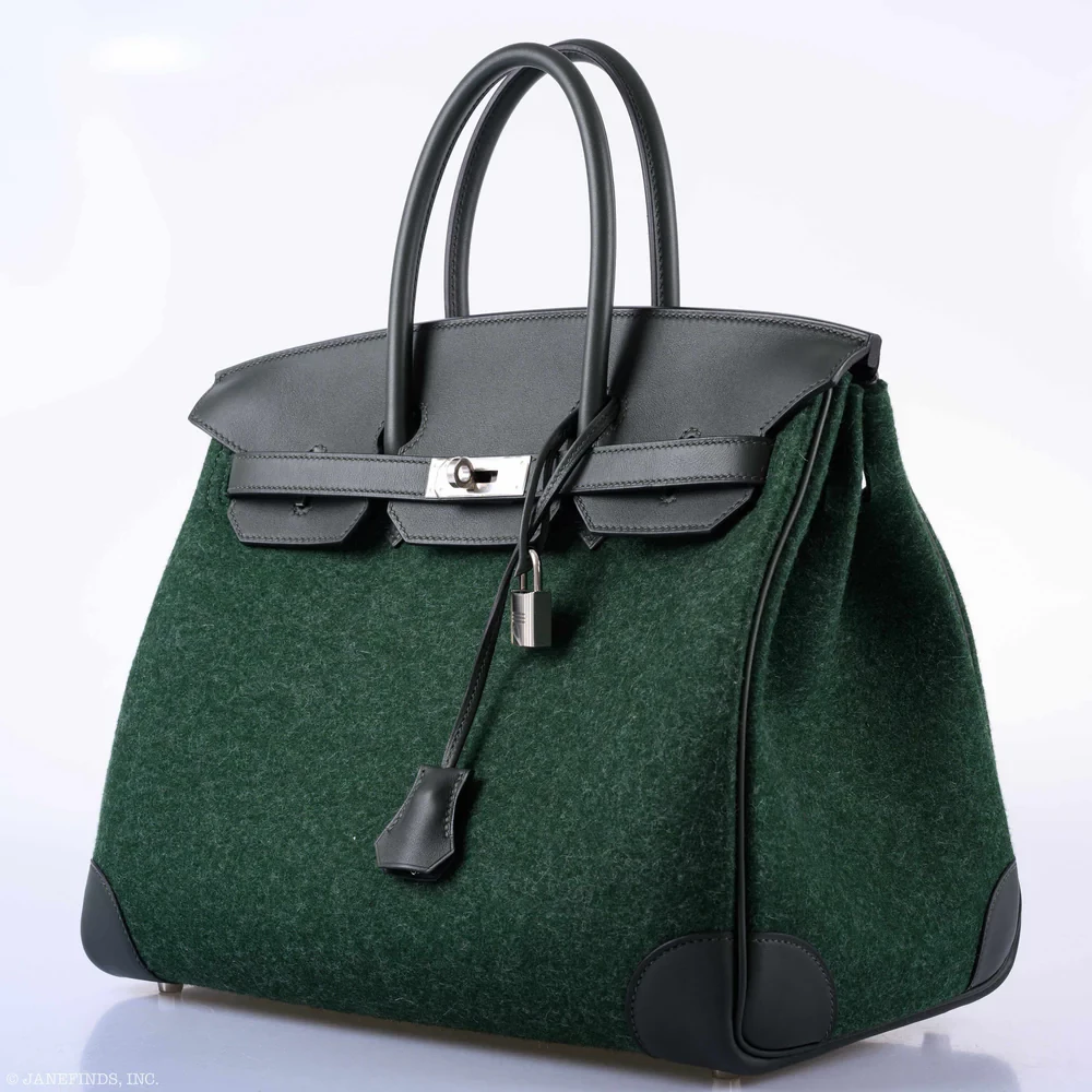 Luxury Hermès-Inspired Handbags Birkin 35 Vert Fonce Feutre Wool & Vert Anglais Swift PHW - Exotic Creations Side2