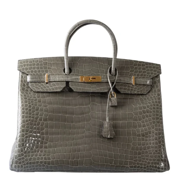 Luxury Hermès-Inspired Handbags Birkin 40 Gris Tourterelle Shiny Porosus Crocodile GHW - Exotic Creations