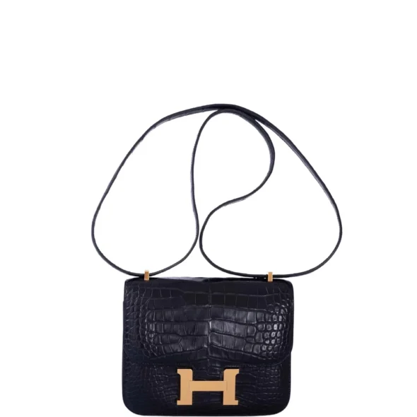 Luxury Hermès-Inspired Handbags Constance 18 Matte Black Alligator Gold - Exotic Creations