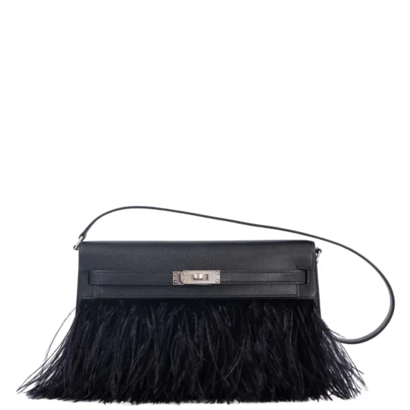 Luxury Hermès-Inspired Handbags Feather Kelly Elan Black Chevre & Ostrich Feathers PHW - Exotic Creations