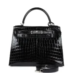 Luxury Hermès-Inspired Handbags Kelly 28 Black Shiny Niloticus Crocodile PHW - Exotic Creations