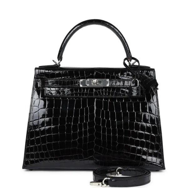 Luxury Hermès-Inspired Handbags Kelly 28 Black Shiny Niloticus Crocodile PHW - Exotic Creations