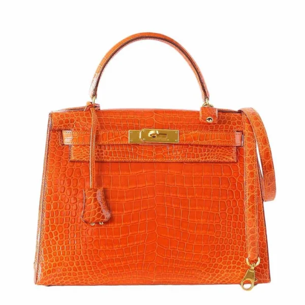 Luxury Hermès-Inspired Handbags Kelly 32 Orange Crocodile GHW - Exotic Creations