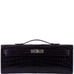 Luxury Hermès-Inspired Handbags Kelly Cut Aubergine Shiny Niloticus Crocodile PHW - Exotic Creations