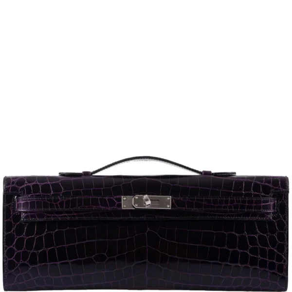 Luxury Hermès-Inspired Handbags Kelly Cut Aubergine Shiny Niloticus Crocodile PHW - Exotic Creations