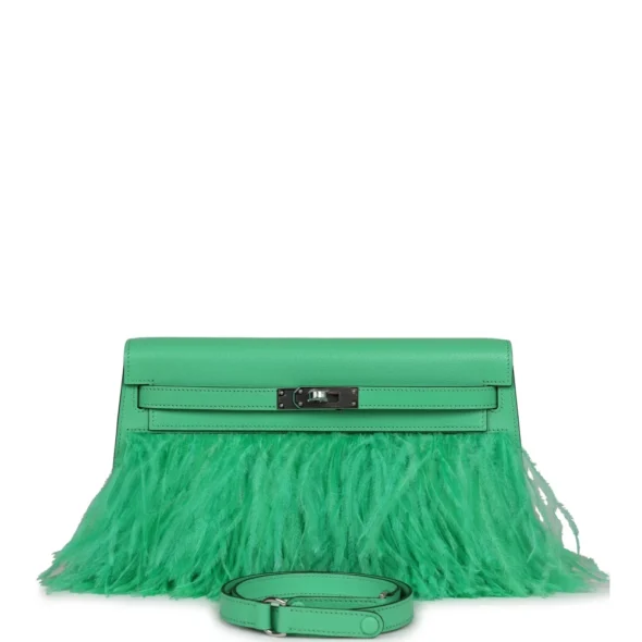 Luxury Hermès-Inspired Handbags Kelly Elan Foile Vert Comics Chevre Chamkila & Ostrich Feather PHW - Exotic Creations