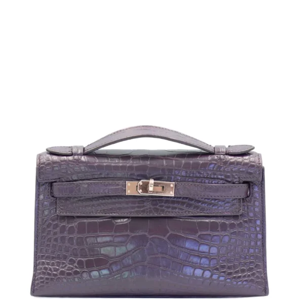 Luxury Hermès-Inspired Handbags Mini Kelly Pochette Prunoir Matte Alligator PHW - Exotic Creations