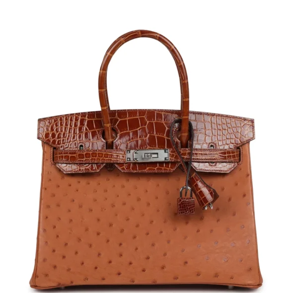 Mirror Quality Hermès Birkin 30 Cognac & Miel Shiny Alligator & Ostrich Touch PHW - Exotic Creations