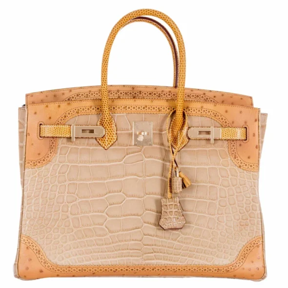 Mirror Quality Hermès Birkin 35 Tri-Exotic Beige Alligator Ostrich Lizard PBHW - Exotic Creations