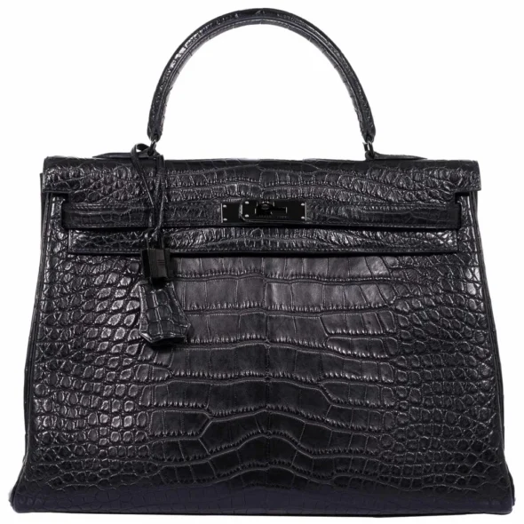 Mirror Quality Hermès Kelly 35 So Black Matte Alligator Black HW - Exotic Creations