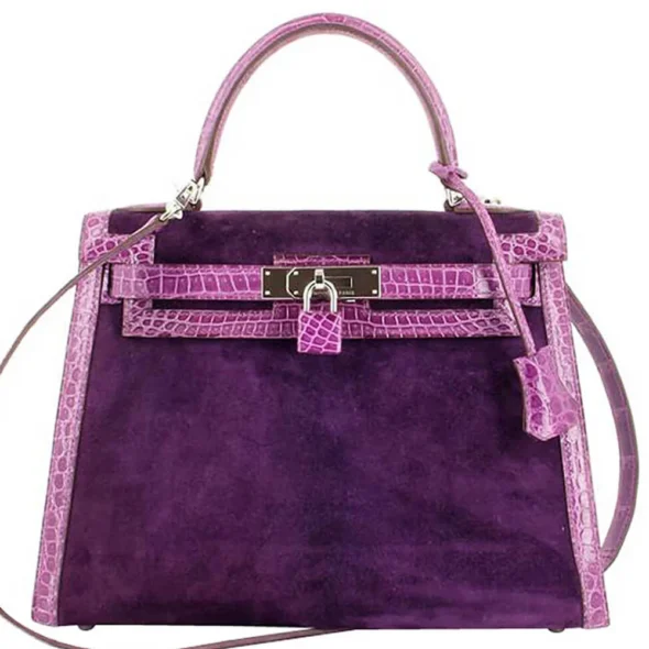 Mirror Quality Hermès Kelly 28 Doblis Veau Doblis & Porosus Crocodile Prune/Rose Scheherazade PHW - Exotic Creations