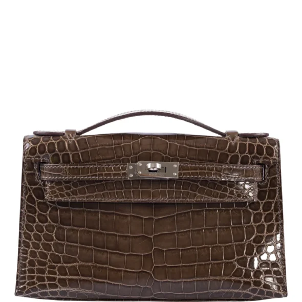 Mirror Quality Hermès Kelly Pochette Gris Elephant Shiny Niloticus Crocodile PHW - Exotic Creations