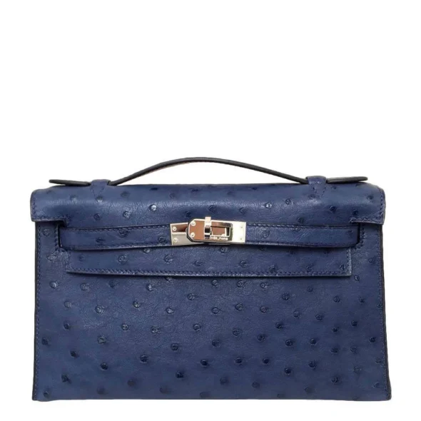 Mirror Quality Hermès Kelly Pochette Mini Ostrich Blue PHW - Exotic Creations