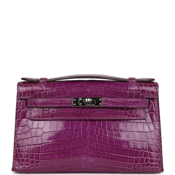 Mirror Quality Hermès Kelly Pochette Violet Shiny Niloticus Crocodile PHW - Exotic Creations