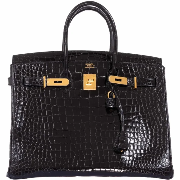Mirror Quality Hermès Replicas Birkin 35 Black Shiny Porosus Crocodile GHW - Exotic Creations