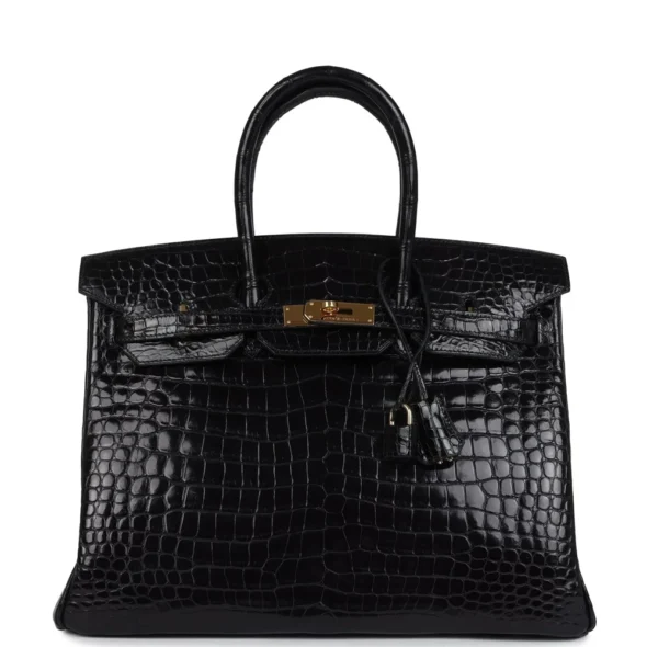 Mirror Quality Hermès Replicas Birkin 35 Black Shiny Porosus Crocodile PHW - Exotic Creations
