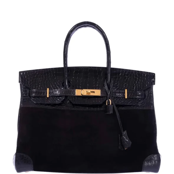 Mirror Quality Hermès Replicas Birkin 35 Black Veau Doblis Suede & Black Porosus Crocodile GHW - Exotic Creations