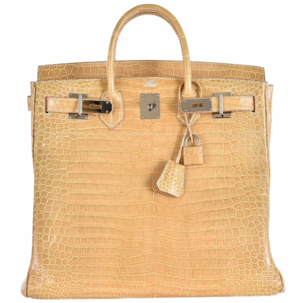 Mirror Quality Hermès Replicas Birkin 40 HAC Poussiere Porosus Crocodile Beige PHW - Exotic Creations