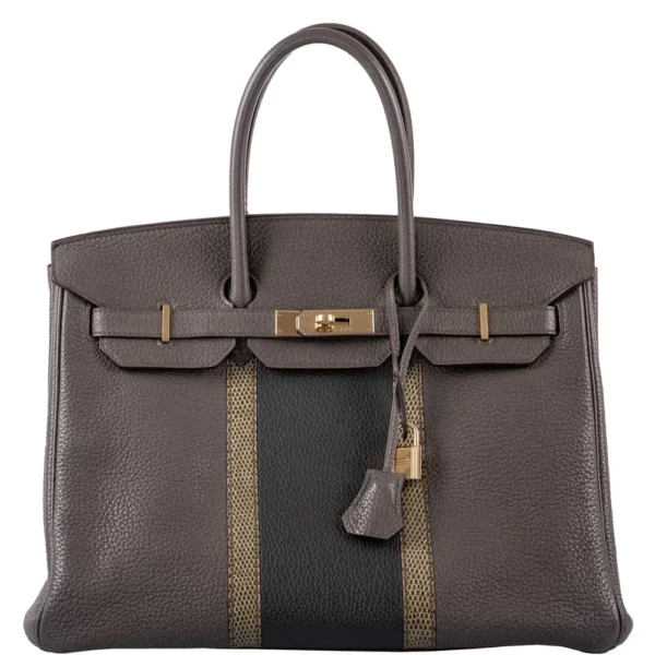 Mirror Quality Hermès Replicas Club Birkin 35 Tri-Color Etain & Graphite Clemence, Gris Fonce Lizard PBHW - Exotic Creations