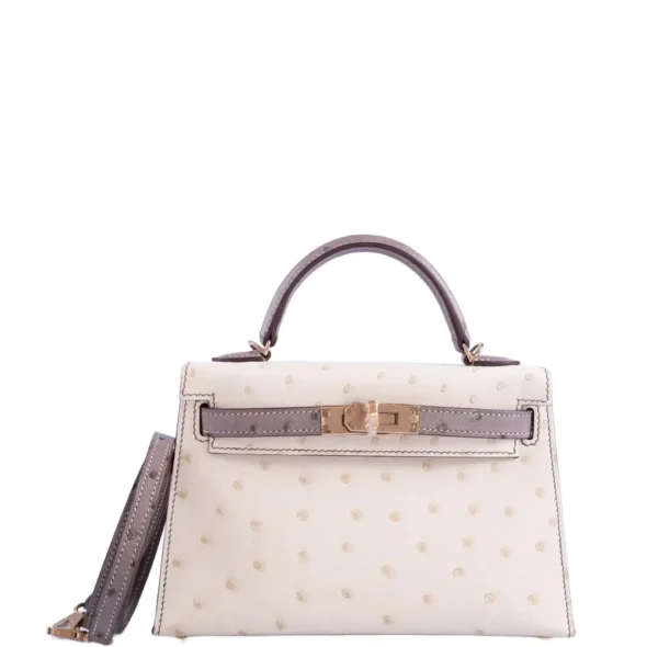 Mirror Quality Hermès Replicas HSS Kelly Mini 20 Parchment & Etoupe Ostrich Champagne HW - Exotic Creations