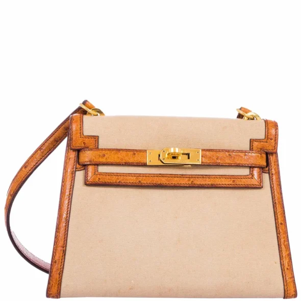 Mirror Quality Hermès Replicas Kelly 20 Gold Ostrich & Natural Toile GHW - Exotic Creations
