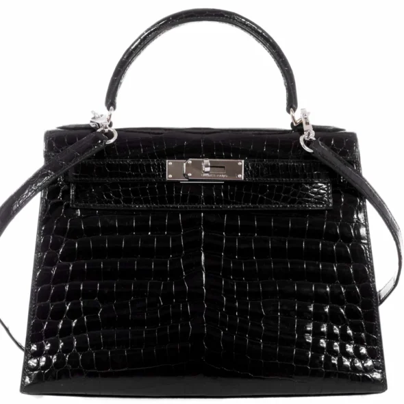 Mirror Quality Hermès Replicas Kelly 28 Black Shiny Niloticus Crocodile PHW - Exotic Creations