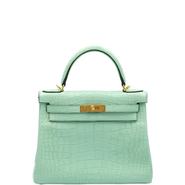 Mirror Quality Hermès Replicas Kelly 28 Retourne Vert d'Eau Matte Alligator GHW - Exotic Creations