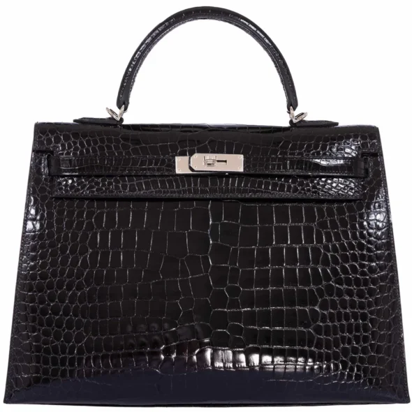Mirror Quality Hermès Replicas Kelly 35 Black Shiny Porosus Crocodile PHW - Exotic Creations